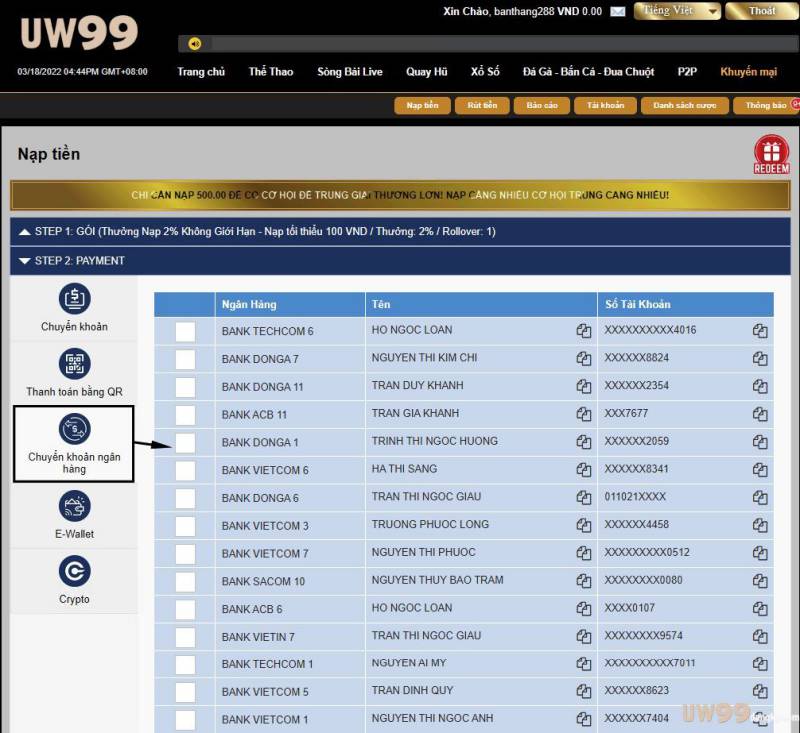 nạp tiền banking UW99