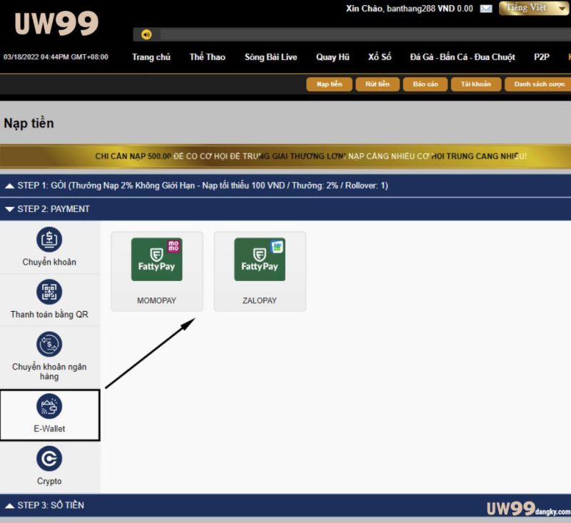 nạp tiền UW99 ví điện tử